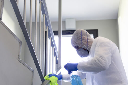 coronavirus. military disinfecting hospital stairs to prevent the spread of covid-19